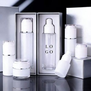Custom Silk Screen White Glass Cosmetic Packaging Stock Eye Cream Bottles <b>Foundation</b> Jars Lotion Pumps with Logo - Product Image 3