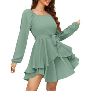 Vestido de Gasa para Mujer, Otoño, Manga Larga, Cuello Cuadrado, Corte en A, con Lazo, Corto, para Fiesta, Transpirable - Product Image 2