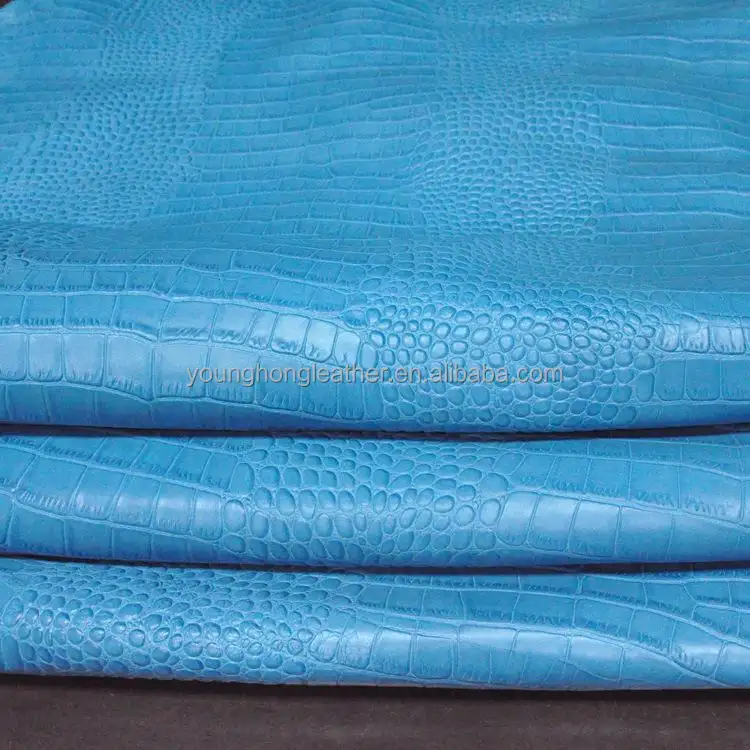 Light Blue matte color alligator crocodile skin pattern cow grain skin leather for hand bags