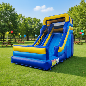 Toboggan gonflable double voie Sunny avec entrée jaune vif et piste de glisse bleue pour des fêtes en plein air et des moments d'excitation au parc de jeux - Product Image 1