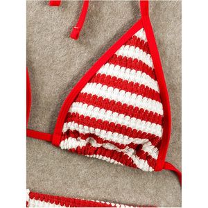 FOXA Women's 3 Piece <b>Bikini</b> Set Striped Triangle <b>Boyshort</b> High Waisted Swimwear With Drawstring Halter Top - Product Image 4