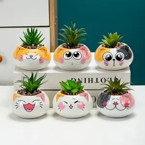Toptan yuvarlak Mini masaüstü süs kedi şekli saksılar seramik etli bitki yetiştiricilerinin Pot odası dekor için