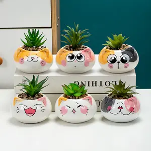 卸売ラウンドミニデスクトップ飾り猫形植木鉢セラミック多肉植物プランターポット部屋の装飾用