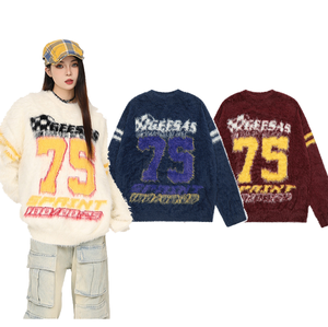 เสื้อสเวตเตอร์โอเวอร์ไซส์สไตล์วินเทจอเมริกันสำหรับผู้หญิง คอกลม แขนยาว ทรงหลวม ถักนิตติ้ง เหมาะสำหรับใส่เล่นกีฬาในมหาวิทยาลัย สำหรับฤดูหนาว - Product Image 4