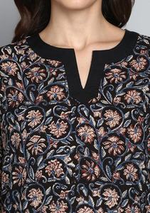 Softest Slumber Black Rust Hand <b>Block</b> <b>Printed</b> Floral Top with Solid Pyjama Eco-friendly Natural Cotton Woven Fabric - Product Image 5