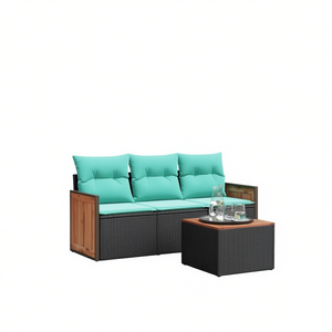 Conjunto de Sofá de Jardín de Ratán Sintético Negro con Cojines, 3 Plazas, Muebles de Exterior, Estructura de Madera de Teca, Diseño Contemporáneo - Product Image 1