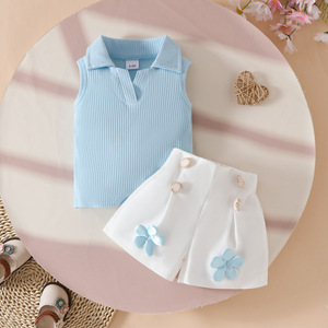 Completo Estivo Casual per Ragazze Europee e Americane, Top Senza Maniche con Scollo a V in Cotone Stampato, Pantaloncini <span class=keywords><strong>Bianchi</strong></span> con Applicazioni Traspiranti - Product Image 3