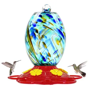 Botella de alimentación de bebedero de colibrí de cristal colorido personalizable con puertos de alimentación de 6 flores
