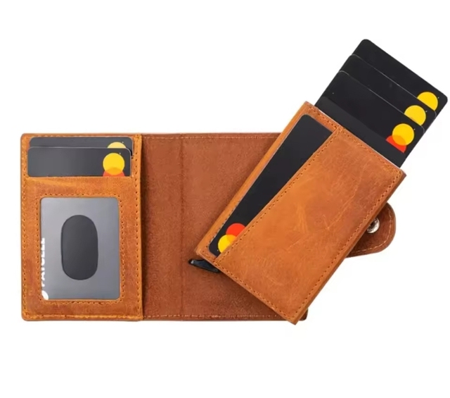 Magnetic RFID Pop up Metal Card Holders Custom Leather Smart Wallets for Men