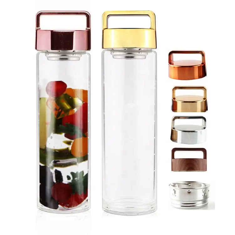 Bottiglia d'acqua in vetro borosilicato di alta qualità con infusore per tè 450ml/650ml con etichette personalizzate e coperchio della maniglia
