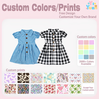 Robe à carreaux bleue et blanche pour petites filles, manches courtes bouffantes, col à revers, boutons sur le devant, robe décontractée à carreaux pour petites filles