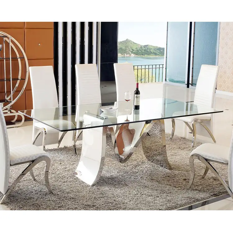 Table à manger noire de forme carrée, 8 places, avec double verre, de style italien, blanc et argenté