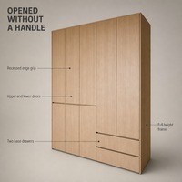 Armoire en bois finition chêne clair, porte à charnières sans poignée avec 2 tiroirs, style nordique, placard de chambre sur mesure, du sol au plafond