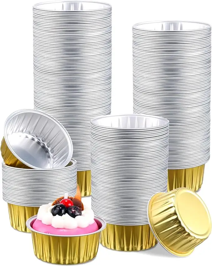 ミニアルミホイルベーキングカップ使い捨てマフィン缶、カップケーキベーキングカップ、デザートチーズケーキラメキンパン