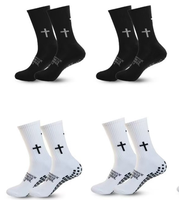 Vente en gros de 3 paires de chaussettes de football antidérapantes à motif croix biblique, en coton épais, pour l'entraînement des jeunes, avec logo personnalisé