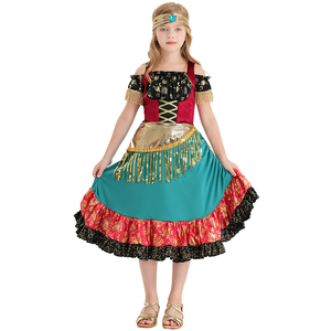 <span class=keywords><strong>Robe</strong></span> de style bohème gitan pour filles avec pompons dorés et bordure à paillettes, costume de danse <span class=keywords><strong>flamenco</strong></span> pour enfants, costume de performance cosplay - Product Image 1