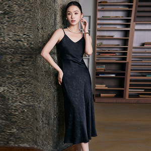 Black <b>Spaghetti</b> <b>Strap</b> Maxi Dress V-Neck Satin Slip Dress Long Skirt Natural Waistline Career Wear - Product Image 3