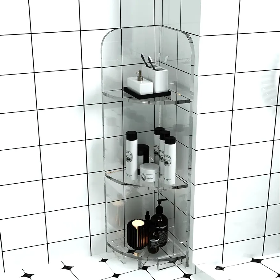 Kozmetik ve diğer banyo köşe eşyalarının depolanması için Minimalist üçgen akrilik vitrin rafı çok katlı zemin standı