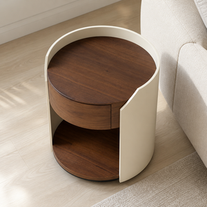 Mesita de Noche Cilíndrica Moderna con Chapa de Nogal, Acabado Crema Horneado, Cajón de Madera Maciza con Cierre Suave y Estante Abierto para Dormitorio - Product Image 3