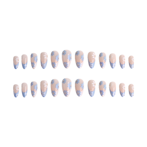 <span class=keywords><strong>Faux</strong></span> ongles réutilisables longs en forme d'amande, <span class=keywords><strong>bleu</strong></span> clair avec motif marguerite blanche, rose nude, à presser pour femmes - Product Image 4