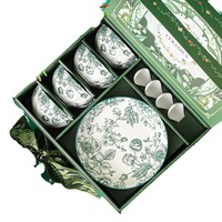 Ensemble de vaisselle en céramique vert clair de nouveau design de luxe napperon imperméable à fleurs assiette/plat/bol à manger dîner alimentaire durable