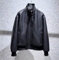 Blouson d'hiver pour homme en cuir véritable noir tressé, col montant, fermeture éclair intégrale, manches longues, poignets côtelés