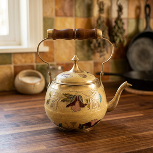 Vintage Brass <b>Kettle</b> With Wooden Handle Floral Enamel Design Water Pot With Lid - Product Image 3