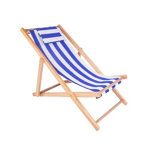 Chaise de plage en bois pliable en toile, chaise inclinable portable d'extérieur, rayée verte et blanche - Product Image 5