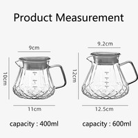 Moderno servidor de café de vidrio de borosilicato de alta resistencia con corte de diamante de 400ml/600ml, con tapa y componentes de plástico transparente con escala.