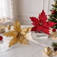 Bunga Poinsettia Beludru Merah 50cm, Hiasan Pohon Natal dengan Glitter Emas, Rangkaian Meriah
