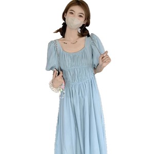 French Style Square Neck <b>Dress</b> <b>Elastic</b> Waist Solid Color Blue Burgundy Long Casual <b>Dress</b> Daily Wear - Product Image 5