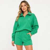 Supplier Grosir Set Celana Pendek dan Atasan Wanita Custom, Model Half Zip, 2 Potong, Oversize, Kasual, Streetwear, Lounge Wear, OEM ODM