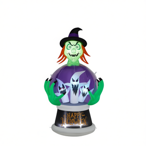 Boule de cristal gonflable sorcière 5,9 pieds, décoration de jardin d'Halloween extérieure, lumières LED, matériau PVC, thème Joyeux Halloween - Product Image 1