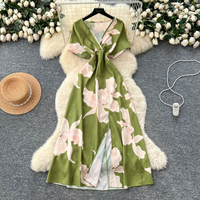 Robes longues d'été vintage à imprimé floral pour femmes, col en V croisé, manches courtes, taille torsadée, fente élégante