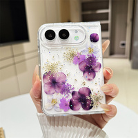 Coque de téléphone 3D avec fleurs séchées, paillettes et sequins pour iPhone 18 DUO, coque transparente en TPU époxy