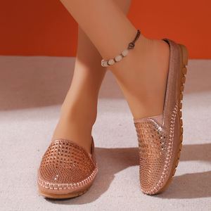 2026 White &Rose Gold Rhinestone Mule Ladies Slippers,Comfortable Flat Open Back Loafers, Slip-on Casual <b>Shoes</b> - Product Image 5