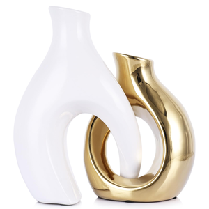Vase de table moderne de luxe en céramique électroplaquée sur mesure, blanc et or, pour la maison et l'hôtel, pot décoratif pour fleurs - Product Image 1
