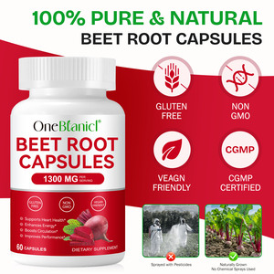Onebtanicl hữu cơ vegan 1300mg chiết xuất củ cải đường Viên nang bổ sung tăng cường hỗ trợ năng lượng sức khỏe tim củ cải đường gốc viên nang - Product Image 3