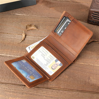 Dompet Kartu Lipat Tiga Tipis Kulit Asli Pria Vintage Anti-Pencurian Crazy Horse