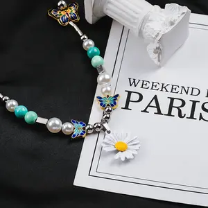 Artisanat loup Hiphop bijoux à la mode breloque personnalisée perle barre en acier inoxydable marguerite tournesol papillon cale collier