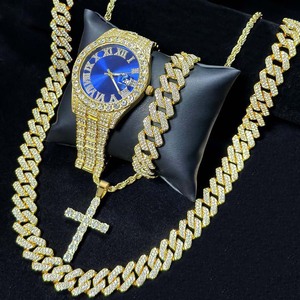 Set de 4 Relojes de Lujo para Hombre, Reloj de Pulsera con Brazalete Cubano Brillante, Collar <span class=keywords><strong>Croos</strong></span>, Reloj de Cuarzo con Diamantes Estilo Hip-Hop - Product Image 6
