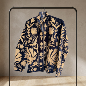 Blue Elegant Suzani Velvet Embroidered <b>Reversible</b> <b>Jacket</b> Short Boho Outerwear Linen Lining Leather Shell One Size Spring Autumn - Product Image 3