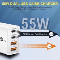 Adaptateur de charge rapide multi-ports PD20W Chargeur portable PD55W Charge rapide Gan Prise EU UK USA pour téléphone