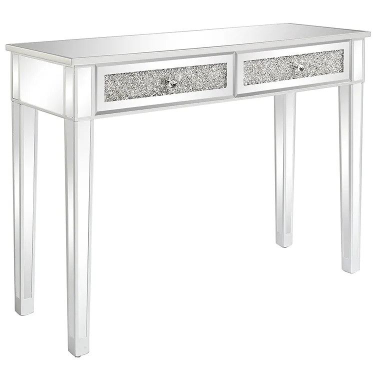 ESSENT Modern Luxury Crystal Silver Glass Mirrored Console Table MDF Dressing Table with 2 Drawer Vanity Desk
