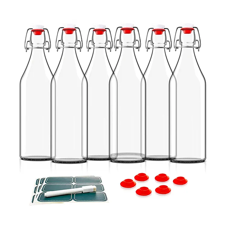 Hot Sale Swing Top Glass Bottles Set Of 6 16oz W/ Marker Labels Clear Bottle With Caps For Juice Water Kombucha