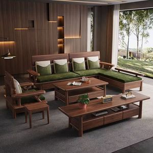 Chinese Style Black Walnut Solid Wood Sofa <b>Set</b> With Storage Living Room Furniture - Product Image 1