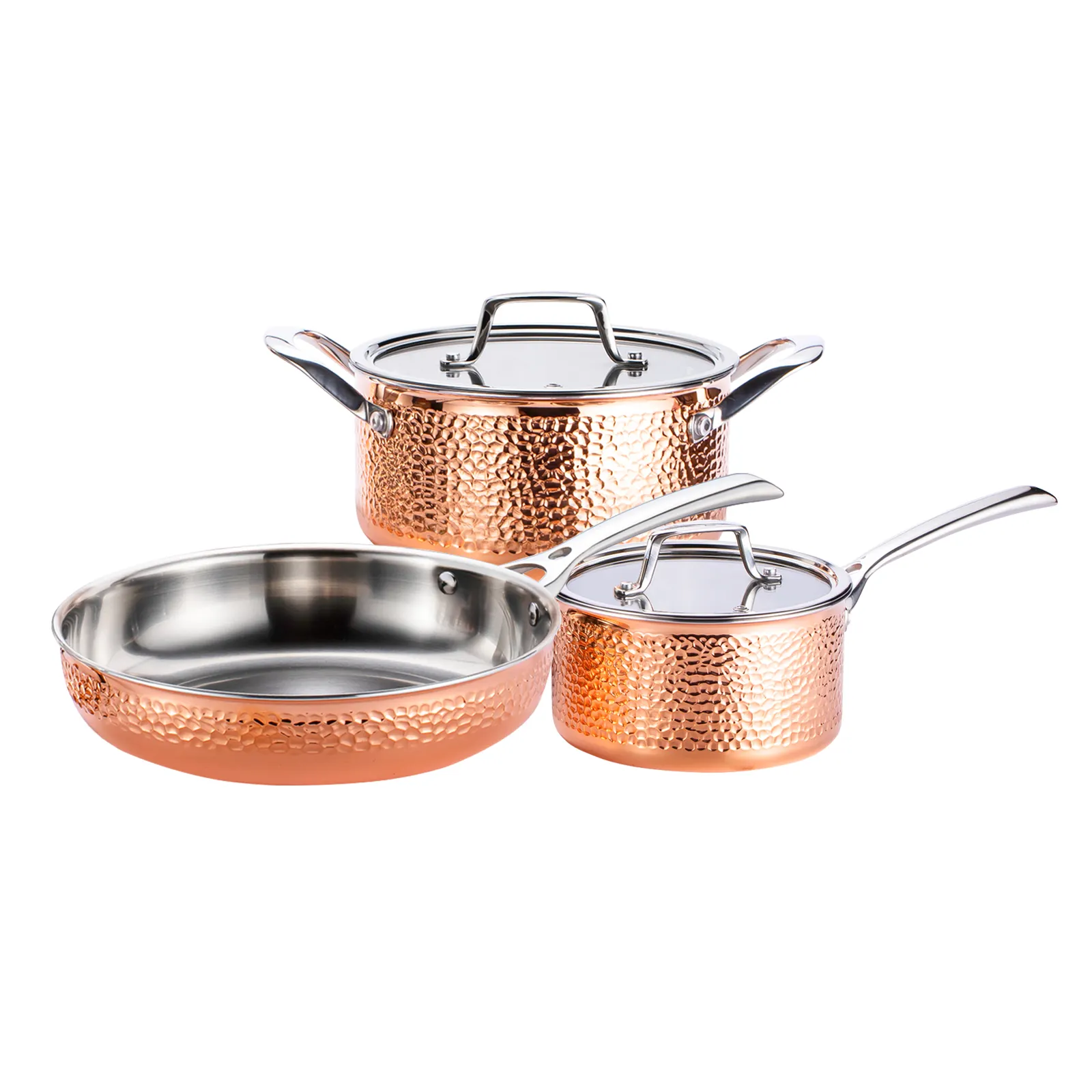 NO MOQ Copper Hammered Cookware Set, 5 Piece Triple Kitchenware Cooking Pot Includes Sauce pan, Casserole, Frying Pan