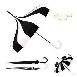 RST特殊定制皮革手柄伞16肋黑白复古宝塔伞