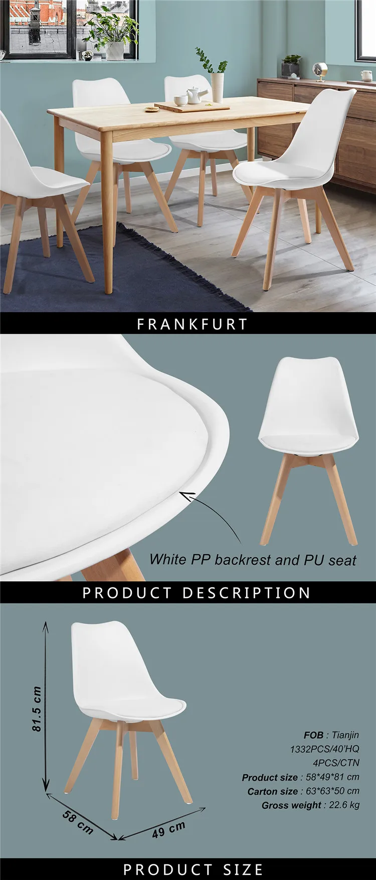 The New zealand, UK, France Frankfurt PP back and seat dining chairs modern restaurant chairs dining with PU wood legs