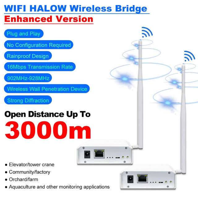 Anjielo WiFi Halow Wireless Bridge Enhanced Version 3km Long Distance Transmission Faster Speed Stronger Penetration Low Power